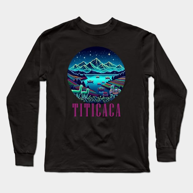 Lake Titicaca Peru Llama Artistic Neon Graphic Long Sleeve T-Shirt by Sambastyles